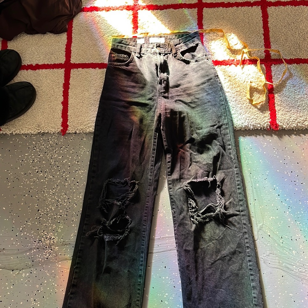 distressed black wide leg jeans